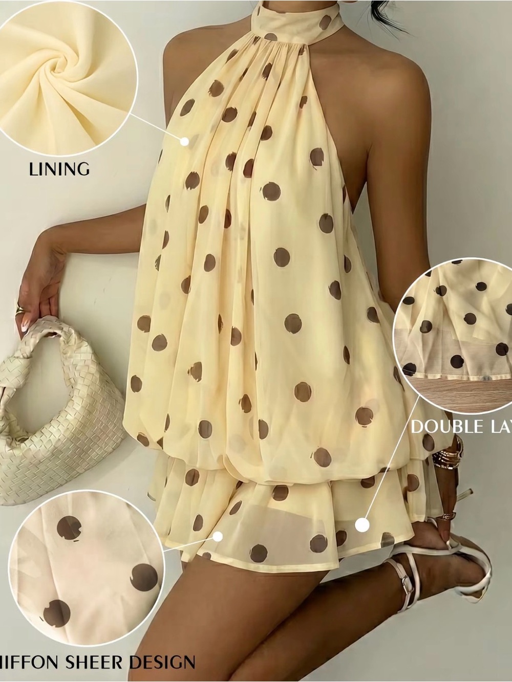 Cream Polka Dot Halter Mini Dress